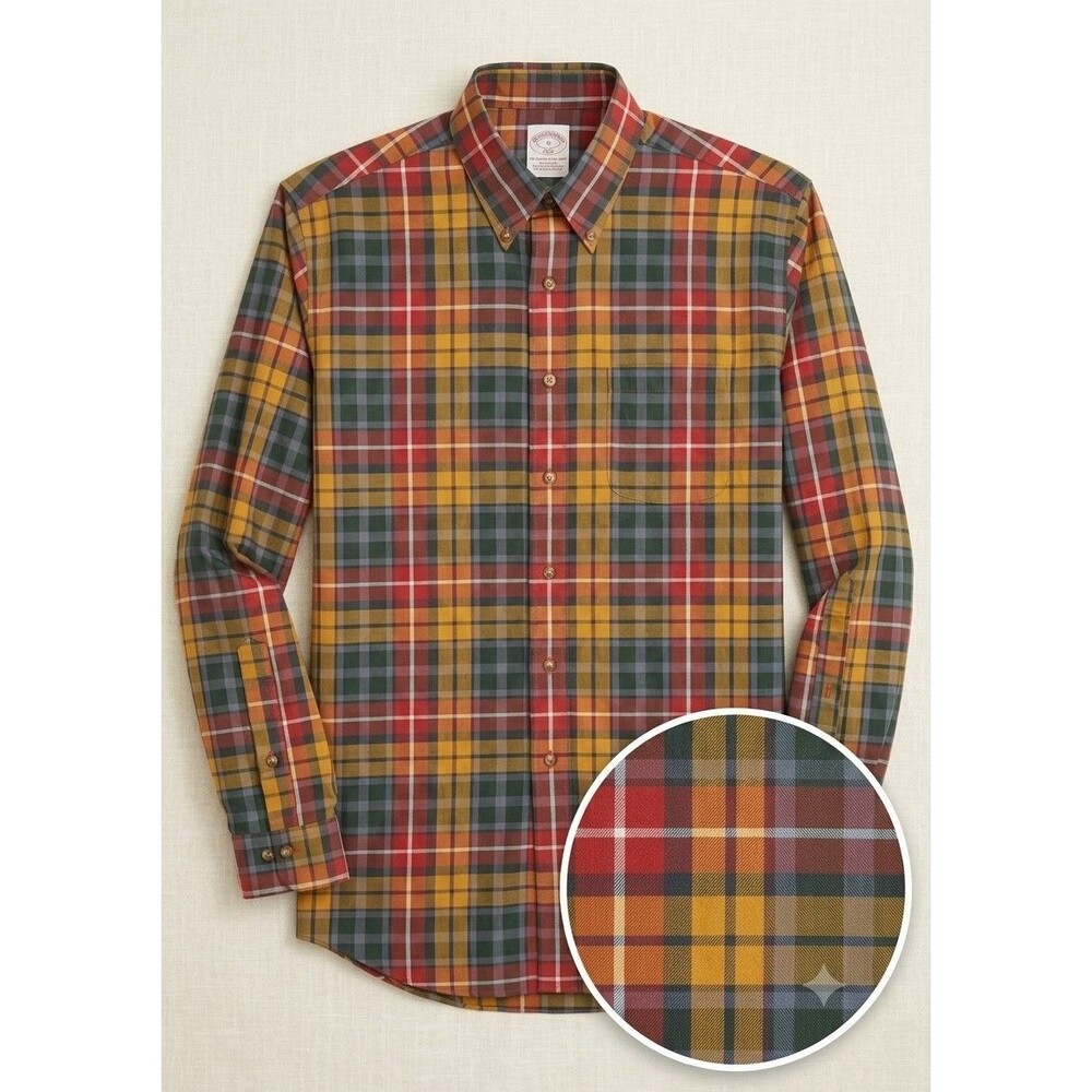 Brooks Brothers 346 Shirt Mens Medium Yellow Red Plaid Long Sleeve Button Down